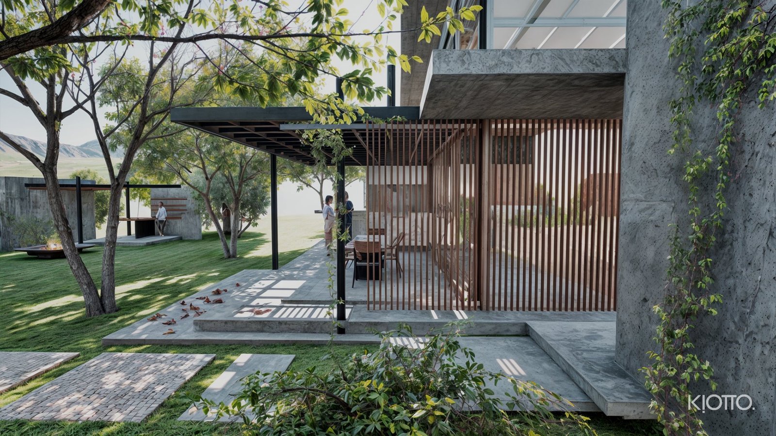 Casa R., galería con parasoles de madera